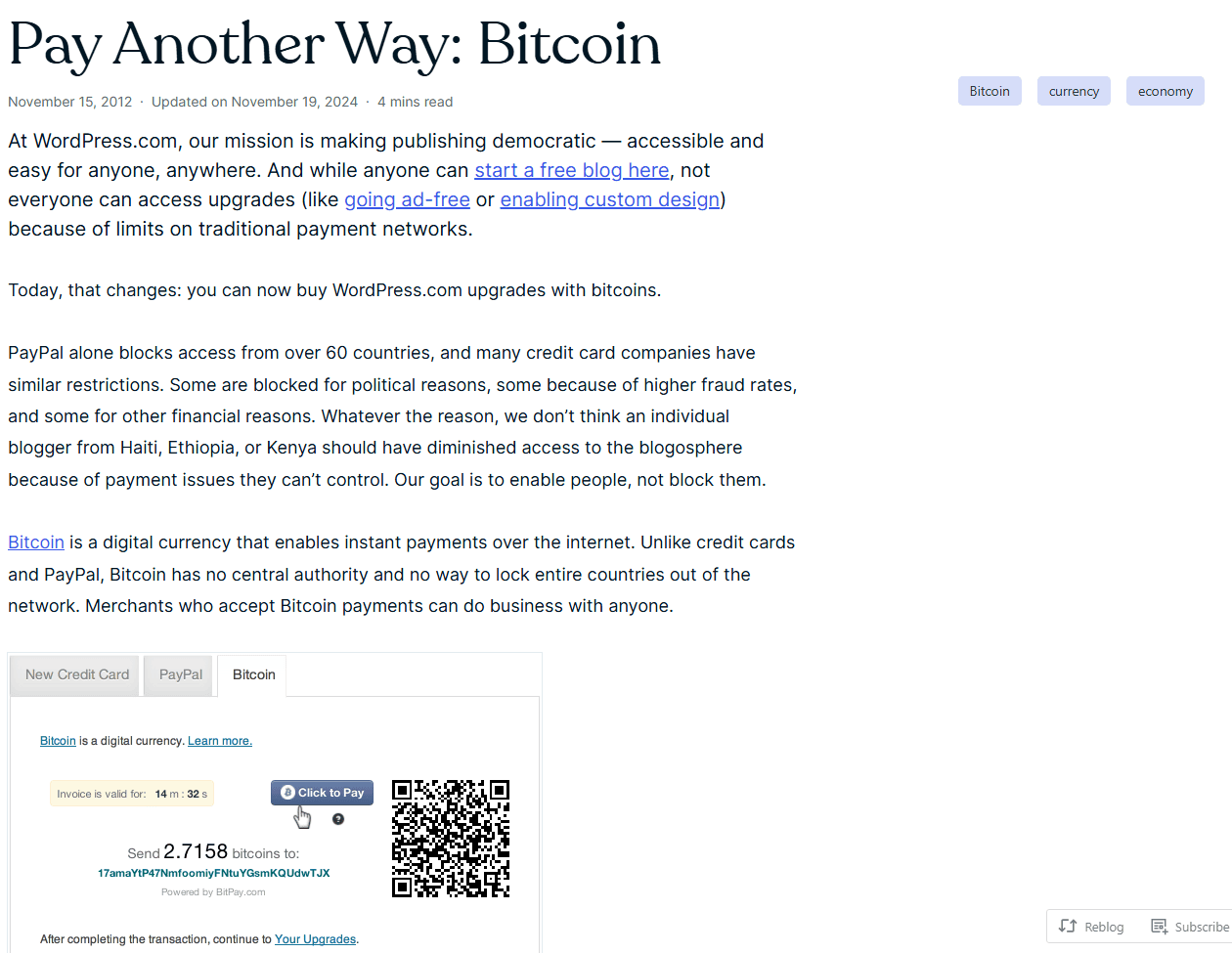 ประกาศของ WordPress.com วันที่ 15 พฤศจิกายน 2012 ที่เปิดรับชำระด้วย Bitcoin