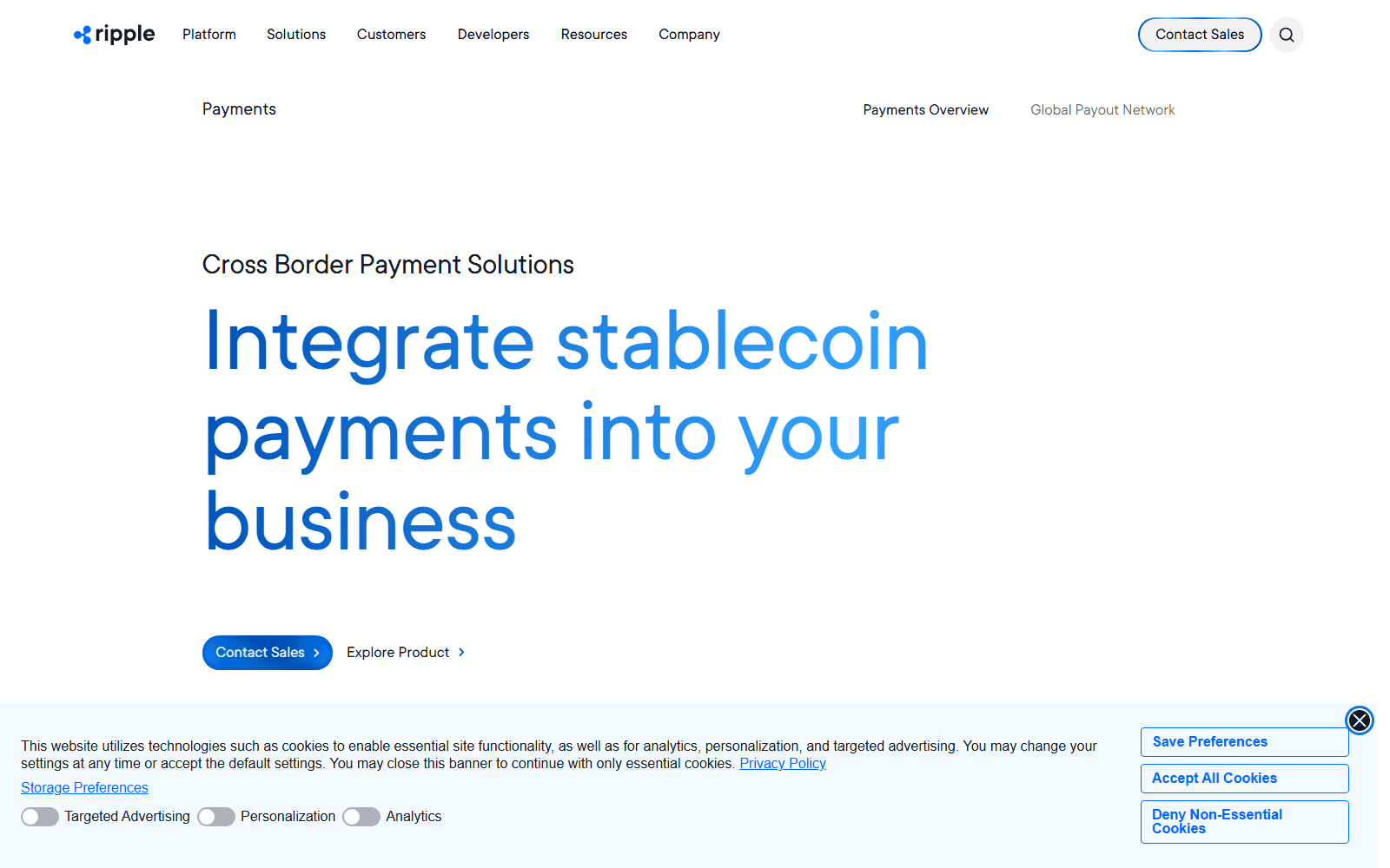 หน้าผลิตภัณฑ์ Cross-Border Payments อย่างเป็นทางการของ Ripple (ripple.com)