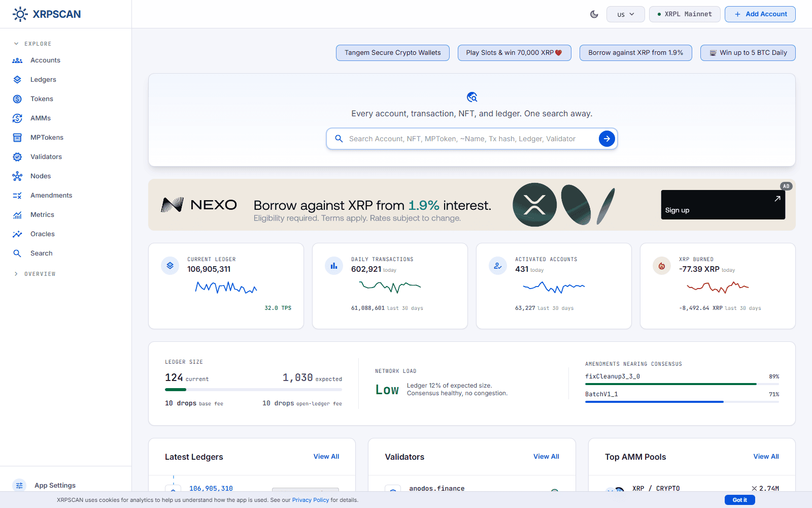 หน้าแรก XRPSCAN แสดงสถิติเครือข่าย XRP Ledger สด
