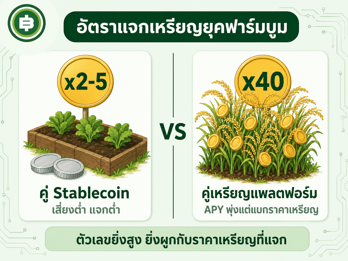 เปรียบเทียบอัตราแจกเหรียญต่อ Pool ยุคฟาร์มบูม คู่ Stablecoin เสี่ยงต่ำแจก 2-5 เท่า เทียบคู่ CAKE-BNB ที่มี Governance Token แจกสูงถึง 40 เท่า