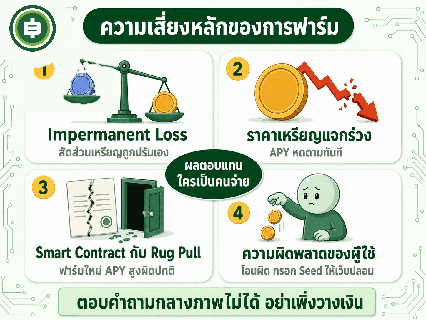 สรุปความเสี่ยงหลัก 4 ข้อของการฟาร์ม Impermanent Loss ราคาเหรียญรางวัลร่วง ความเสี่ยง Smart Contract และ Rug Pull ความผิดพลาดของผู้ใช้เอง